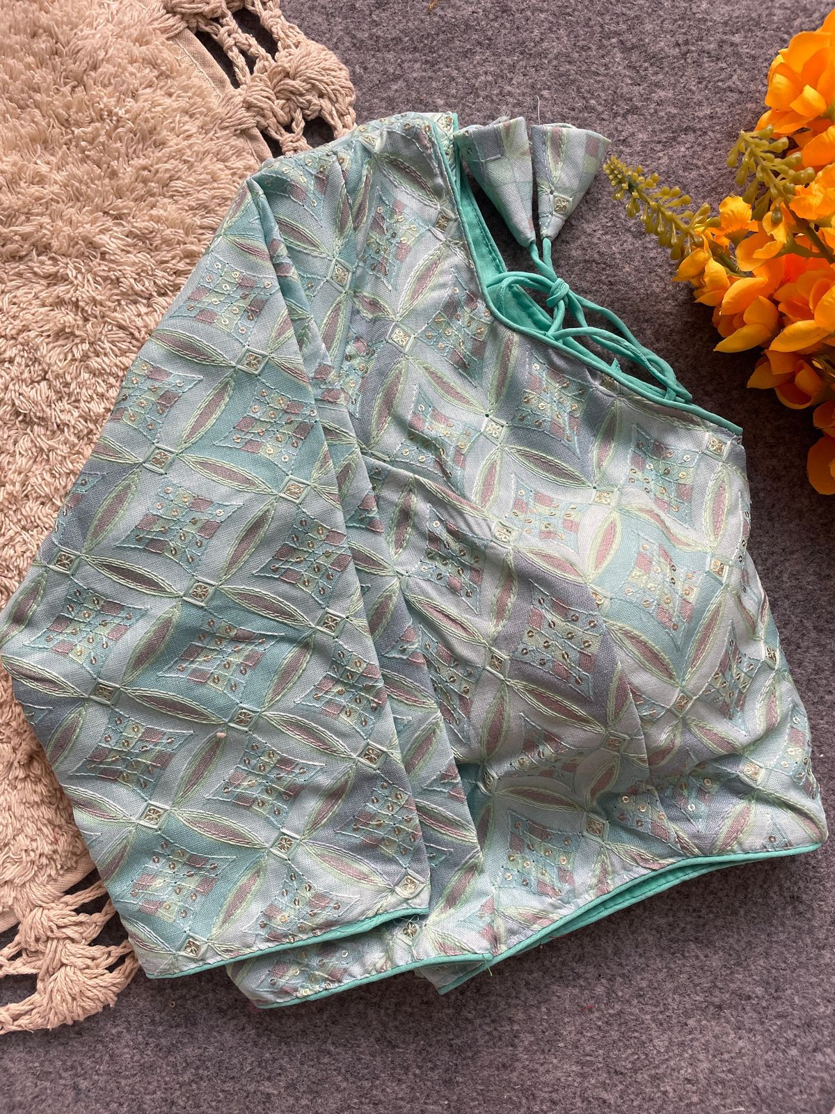 Mint Green Khadi Cotton Embroidered Blou...